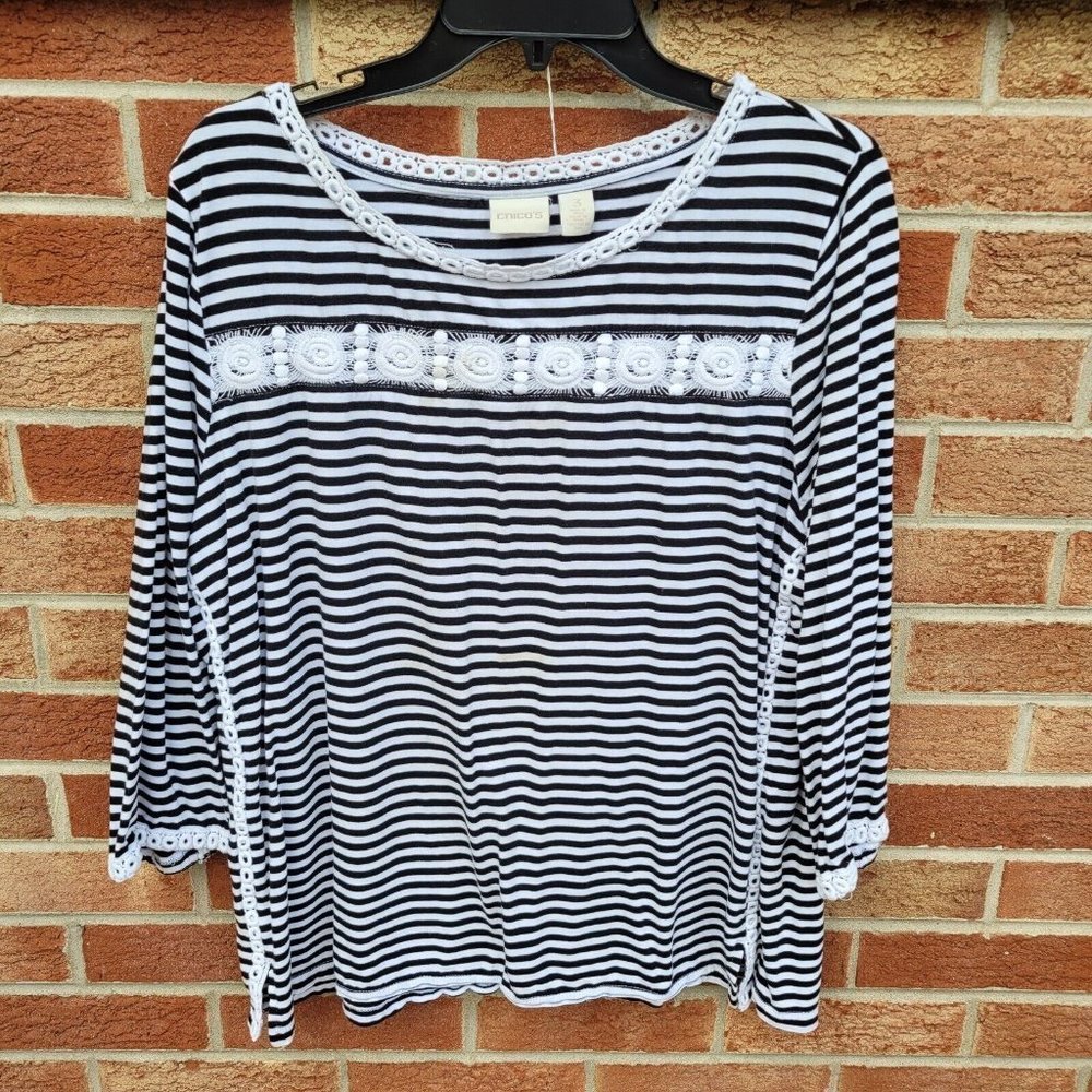 Chico's Striped Shirt Women's Size XL Blue and White 3/4 Sleeve